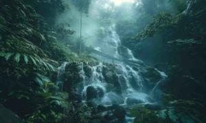 Das KI-generierte Bild dient der Illustration und zeigt Wasserfall in Regenwald. Es steht hier im Kontext mit einem Zitat des Shaolin Meisters Shi Heng Yi: "Es gibt zwei Fehler auf dem Weg zur Meisterschaft: Den Weg nicht anzutreten und ihn nicht zu Ende zu gehen."